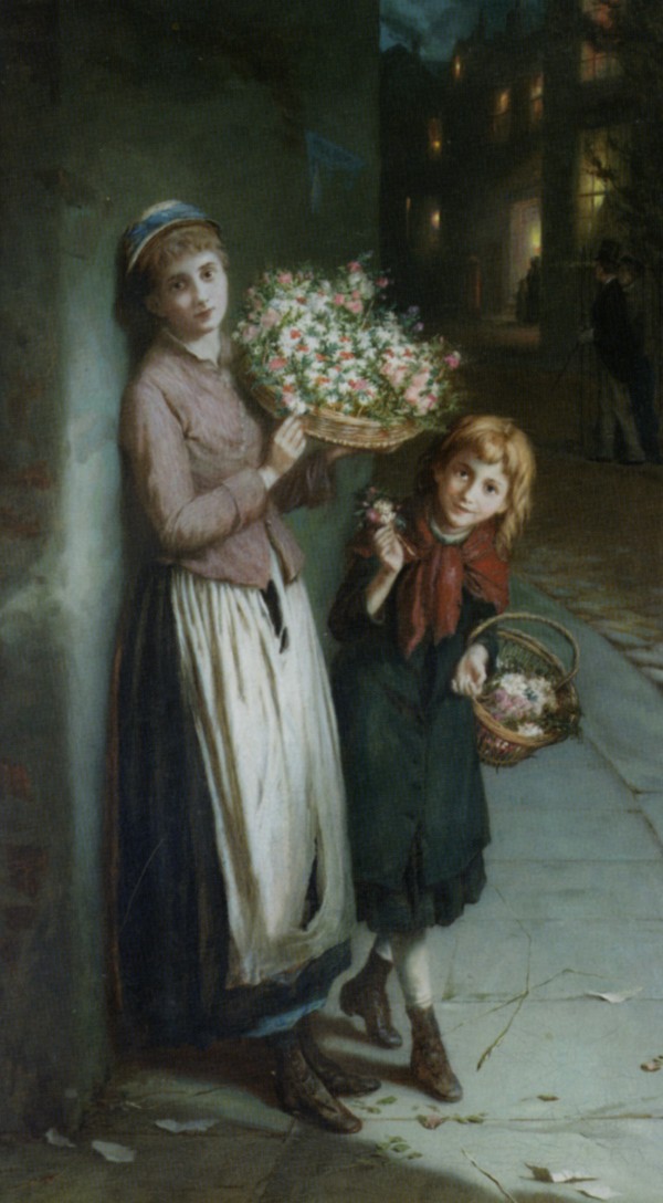 Two girls selling flowers by Augustus Edwin Mulready